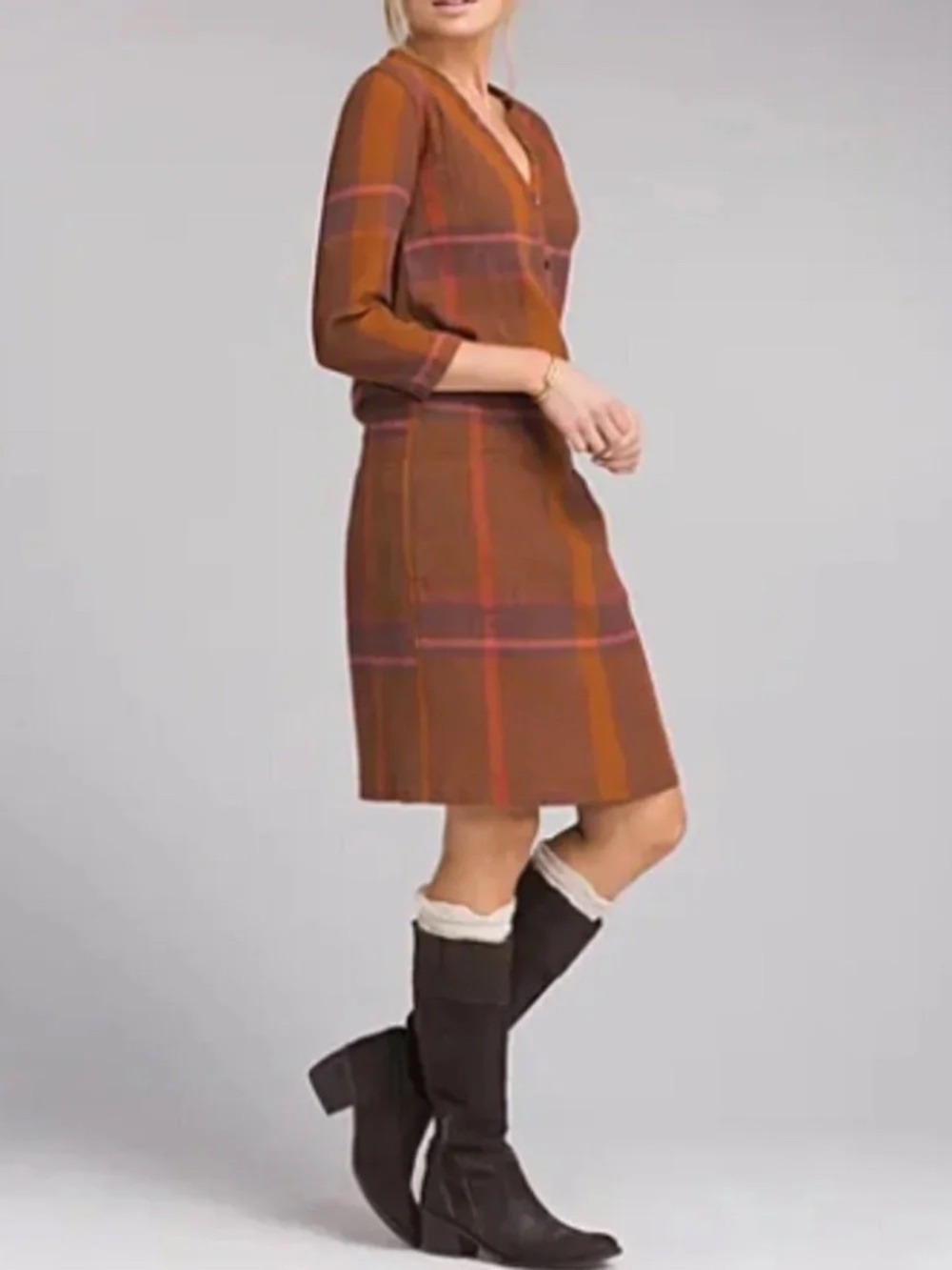 Prana Sugar Pine Dress in Wedged Wood Plaid Smocked Crinkle Gauze Size Small